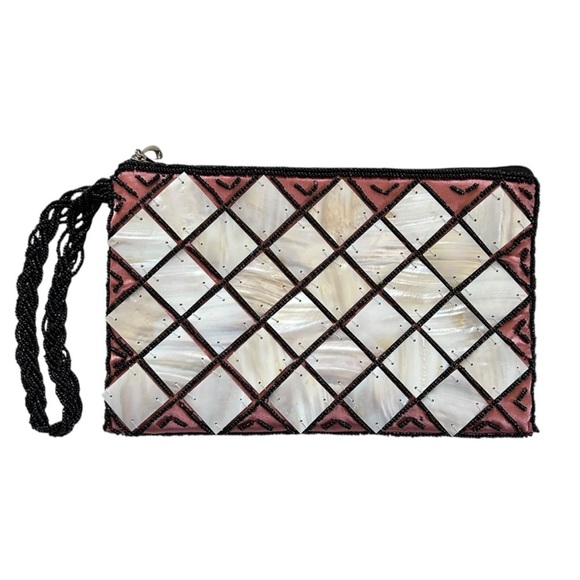 VTG Mad by Design Handmade Beaded Silk Mother of Pearl Mosaic Wristlet Clutch - Picture 1 of 15
